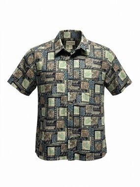 Cooke Street Honolulu Aloha Shirt Men’s Medium Green Blue Tapa Tribal Patchwork